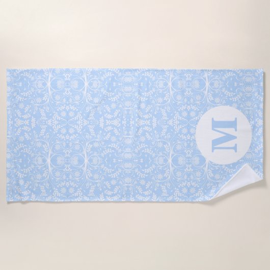 Serviette De Plage Bleu doux et blanc avec Monogramme (Devant)