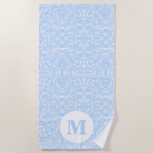 Serviette De Plage Bleu doux et blanc avec Monogramme (Devant)