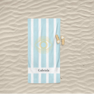 Serviette De Plage Bleu doux Vintage Golden Grec Eye Stripes