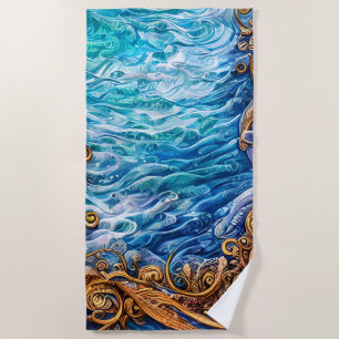 Serviette De Plage Bleu et or Ocean Ripple Waves Abstrait