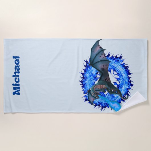 Serviette De Plage Bleu Flamme Brûlant Dragon Nom personnalisé (Devant)