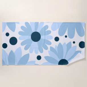Serviette De Plage Bleu marguerite de style rétro et points bleu fonc