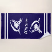 Serviette de plage bleu marine et blanc avec logo  (Devant)