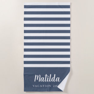 Serviette De Plage bleu marine et blanc personnalisé été 