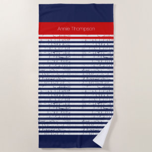 Serviette De Plage bleu marine et rayures blanches avec nom