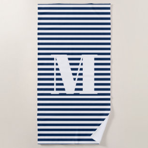 Serviette De Plage Bleu marine marine nautique rayures blanches monog