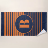 Serviette De Plage Bleu marine orange rayé Monogramme (Devant)