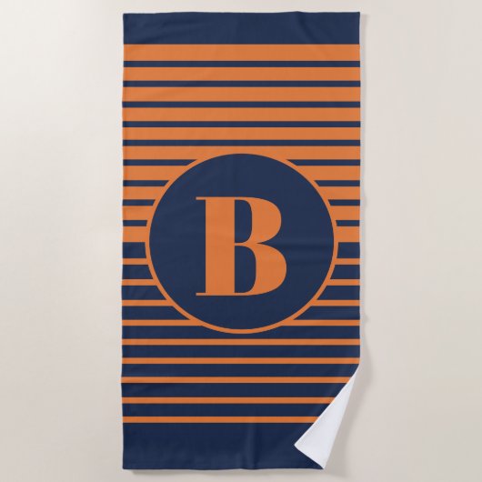 Serviette De Plage Bleu marine orange rayé Monogramme (Devant)
