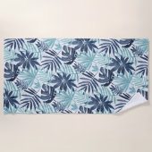 Serviette De Plage Bleu Nuit Aqua & Feuille de Palmier Blanche (Devant)