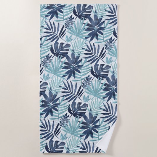 Serviette De Plage Bleu Nuit Aqua & Feuille de Palmier Blanche (Devant)