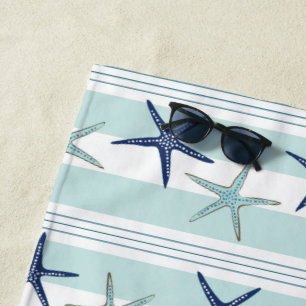 Serviette De Plage Bleu Nuit Turquoise Étoile de Mer Rayé Monogrammé