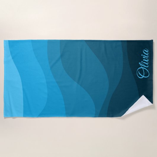 Serviette De Plage Bleu ondulé océan style rétro vagues design (Devant)