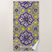 Serviette De Plage Bleu personnalisé Motif méditerranéen Fleurs jaune (Devant)