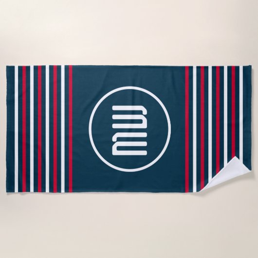 Serviette De Plage Bleu Rouge Blanc Bleu Stripe Nautique (Devant)