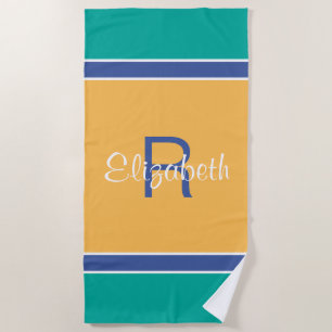 Serviette De Plage Bleu sarcelle Jaune Monogramme Personnalisé Nom In