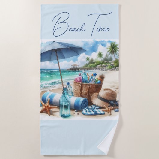 Serviette de plage Bleu Temps de plage (Devant)