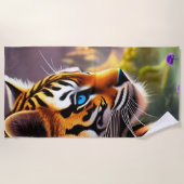 Serviette De Plage Bleu Tiger Cub et Fleurs pourpres (Devant)