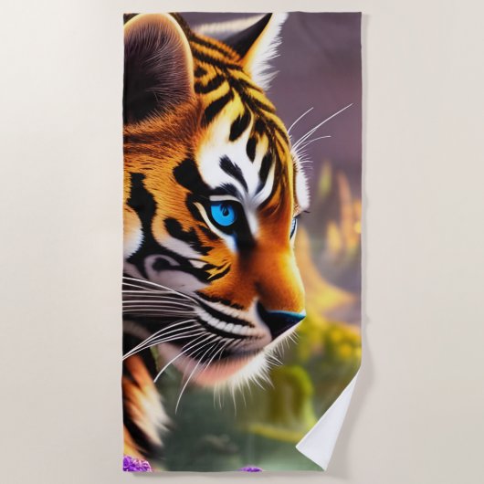 Serviette De Plage Bleu Tiger Cub et Fleurs pourpres (Devant)