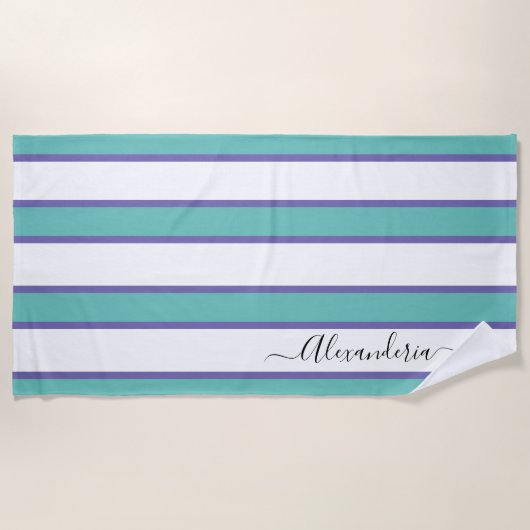 Serviette De Plage Bleu turquoise Blanc moderne Preppy Stripes piscin (Devant)