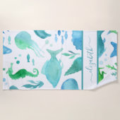 Serviette De Plage Bleu vert mer océan poissons dauphins blanc monogr (Devant)