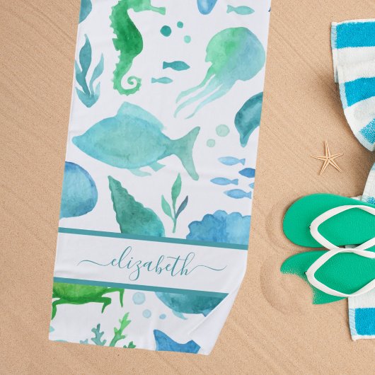 Serviette De Plage Bleu vert mer océan poissons dauphins blanc monogr