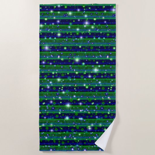 Serviette De Plage Bleu vert rayures avec étoiles et Raindrops (Devant)