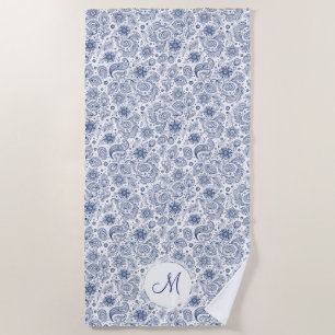 Serviette De Plage Bleu Vintage motif floral Monogram Plage serviette