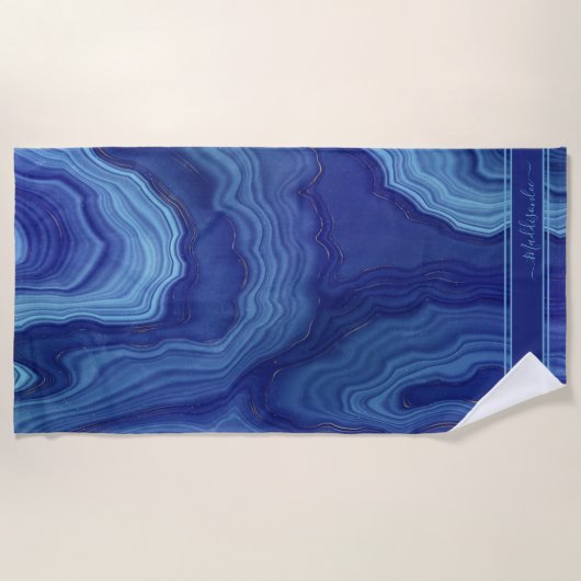 Serviette De Plage Blue Agate Marbre nom monogramme Beach Towel (Devant)