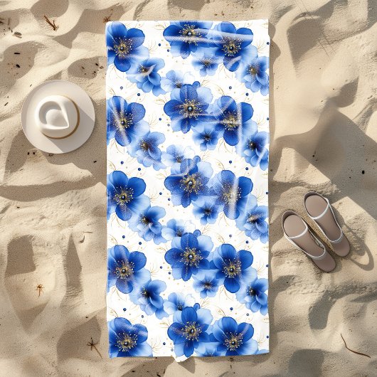 Serviette De Plage Blue Floral Pattern with Gold Accents