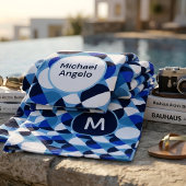 Serviette De Plage Blue Geometric Mosaic Bauhaus Monogram Custom Name