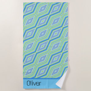 Serviette De Plage Blue Green Diagonal Diamond Rétro Nom Plage Servie