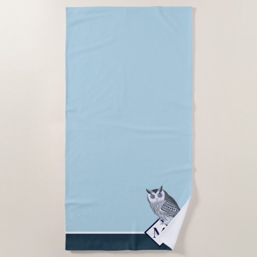 Serviette De Plage Blue Owl Grey Nom du monogramme (Devant)