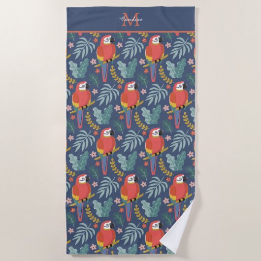 Serviette De Plage Blue Parrot Land Motif tropical Monogramme (Devant)