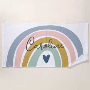 Serviette De Plage Blue Pastel Boho Rainbow Name Beach Towel