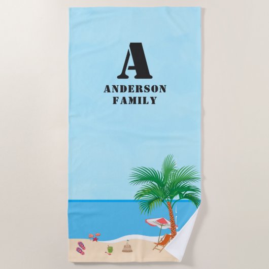 Serviette De Plage Blue Sky, Initials, Name and Beach Life (Devant)