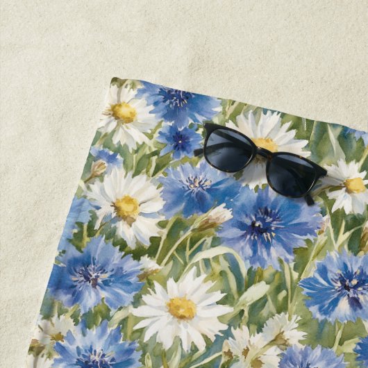 Serviette De Plage Blue White Daisy Flowers (En situation)