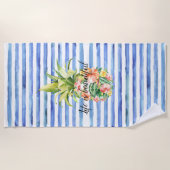 Serviette De Plage Blue White Stripes Tropical Floral Pineapple (Devant)