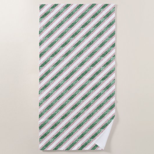 Serviette De Plage Blush Pink Green Glitzy Stripes (Devant)