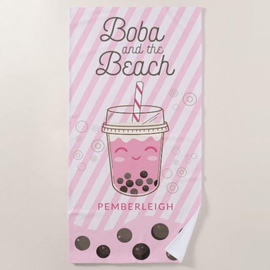Serviette De Plage Boba Buble Tea Pink Stripes (Devant)