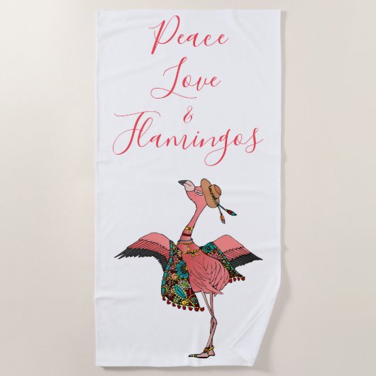 Serviette De Plage Bohemian Pink Peace Love and Flamants roses Beach  (Devant)