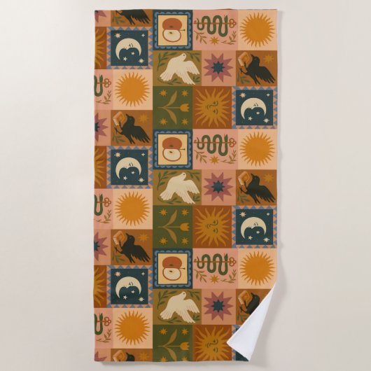 Serviette De Plage Boho Celestial | Soleil et lune rétro (Devant)