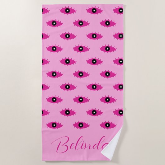 Serviette De Plage BOHO Evil Eyes manuscrit Nom rose (Devant)
