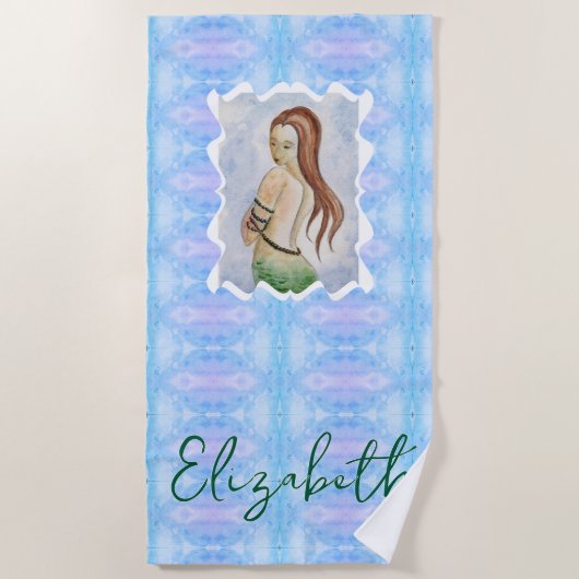 Serviette De Plage Boho Watercolor Mermaid Personalized (Devant)