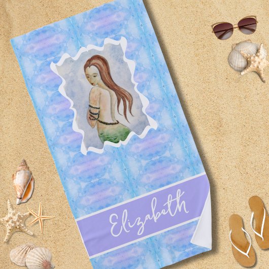 Serviette De Plage Boho Watercolor Mermaid Personalized