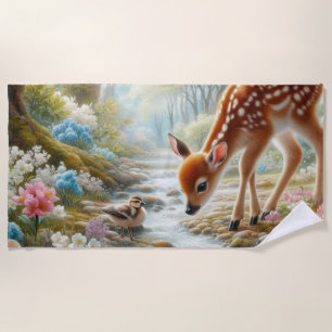 Serviette De Plage Bois de printemps avec canard et faon/cerf