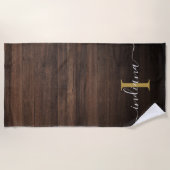 Serviette De Plage Bois foncé rustique monogramme écriture nom initia (Devant)