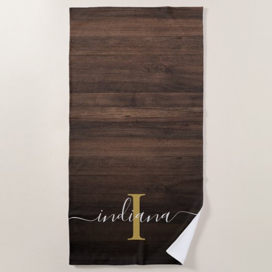 Serviette De Plage Bois foncé rustique monogramme écriture nom initia (Devant)
