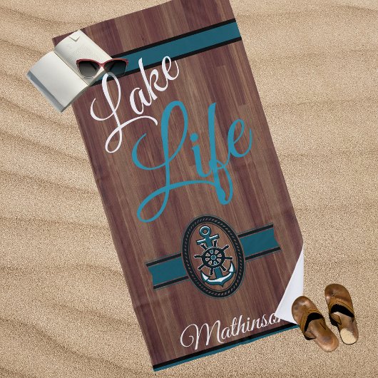 Serviette De Plage Bois rustique Turquoise Blue Lake Life monogrammed