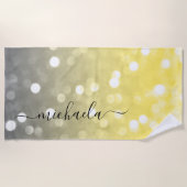 Serviette De Plage Bokeh jaune gris brillant Nom personnalisé (Devant)