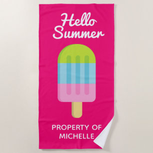 Serviette De Plage Bonjour été mignon popsicle glace crème rose perso